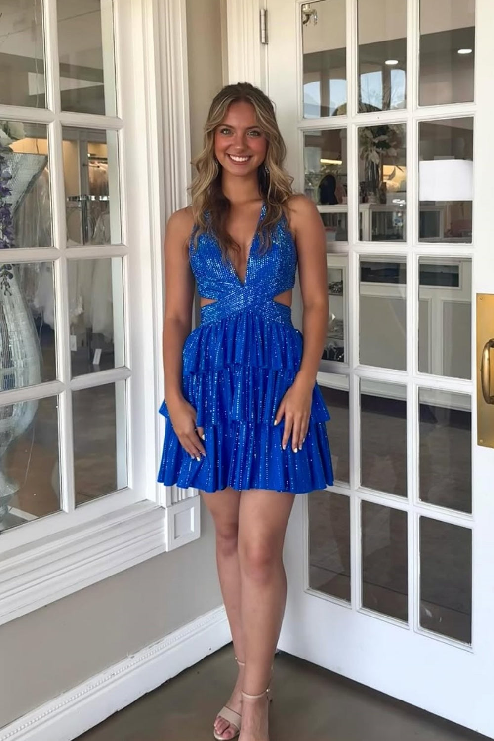 Halter Beading A-line Ruffle Homecoming Dress with Cut-out in Royal Blue