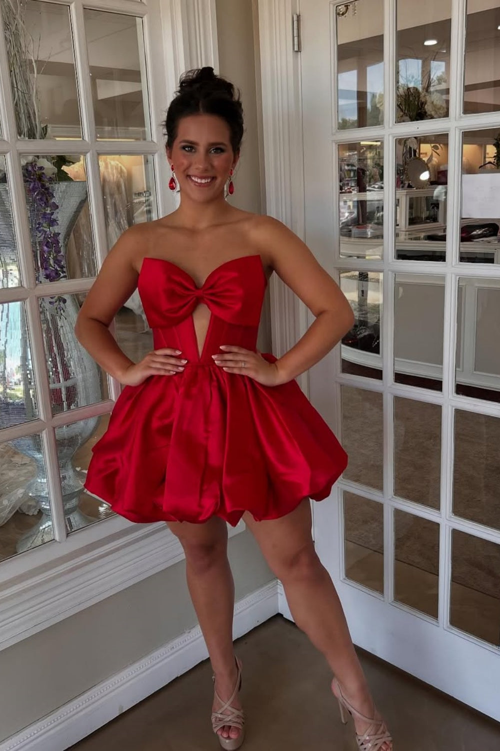 Strapless A-line Ruched Cut-out Dress with Bow in Red
