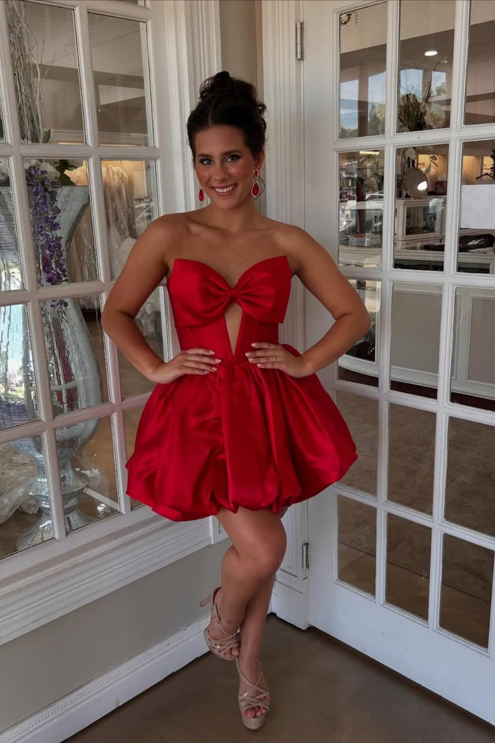 Strapless A-line Ruched Cut-out Dress with Bow in Red