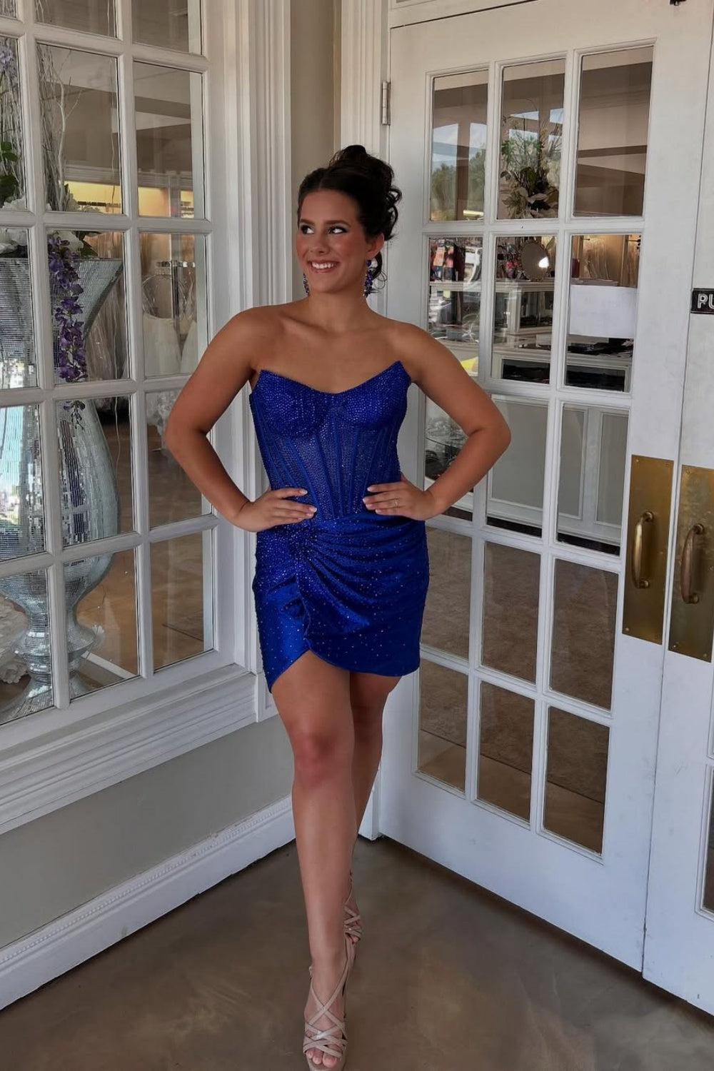 Strapless Beaded Ruched Fitted Homecoming Dress with Twist in Royal Blue