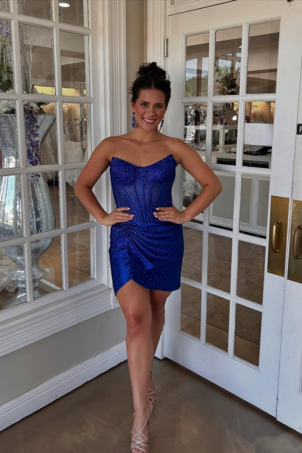 Strapless Beaded Ruched Fitted Homecoming Dress with Twist in Royal Blue