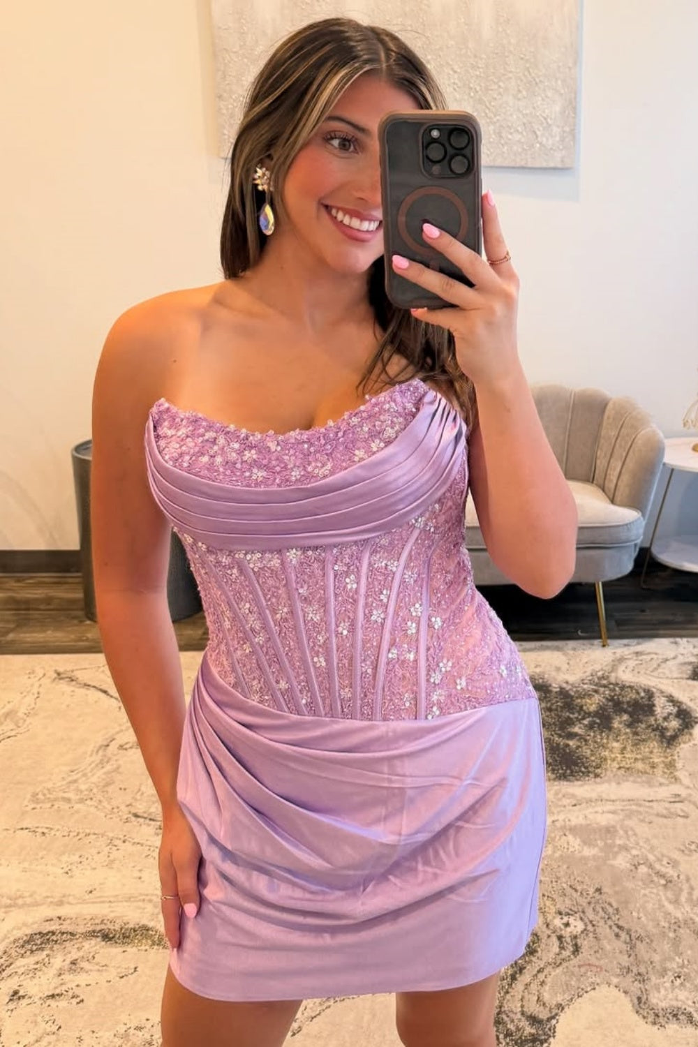 Strapless Beaded Lace Applique Fitted Homecoming Dress in Purple