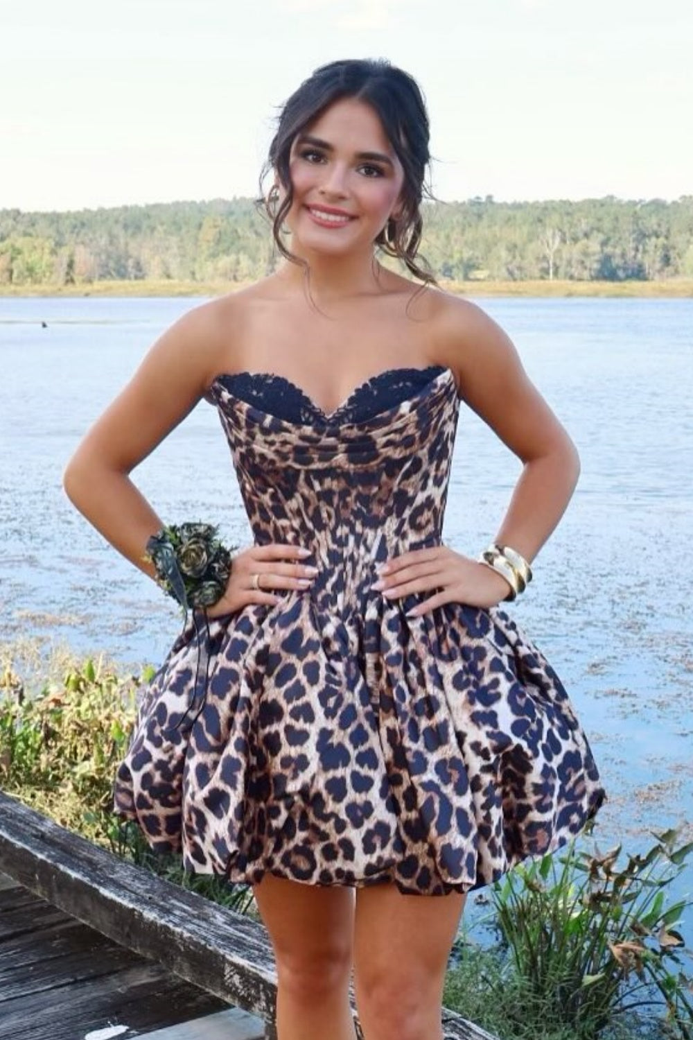 Leopard Print Sweetheart A-line Ruffle Homecoming Dress