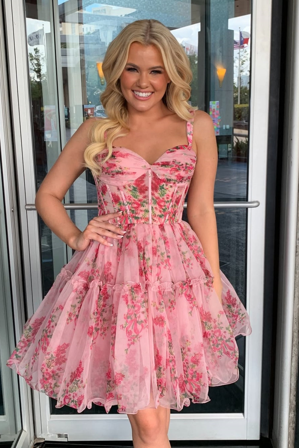 Floral Print A-line Homecoming Dress with Ruffle in Pink