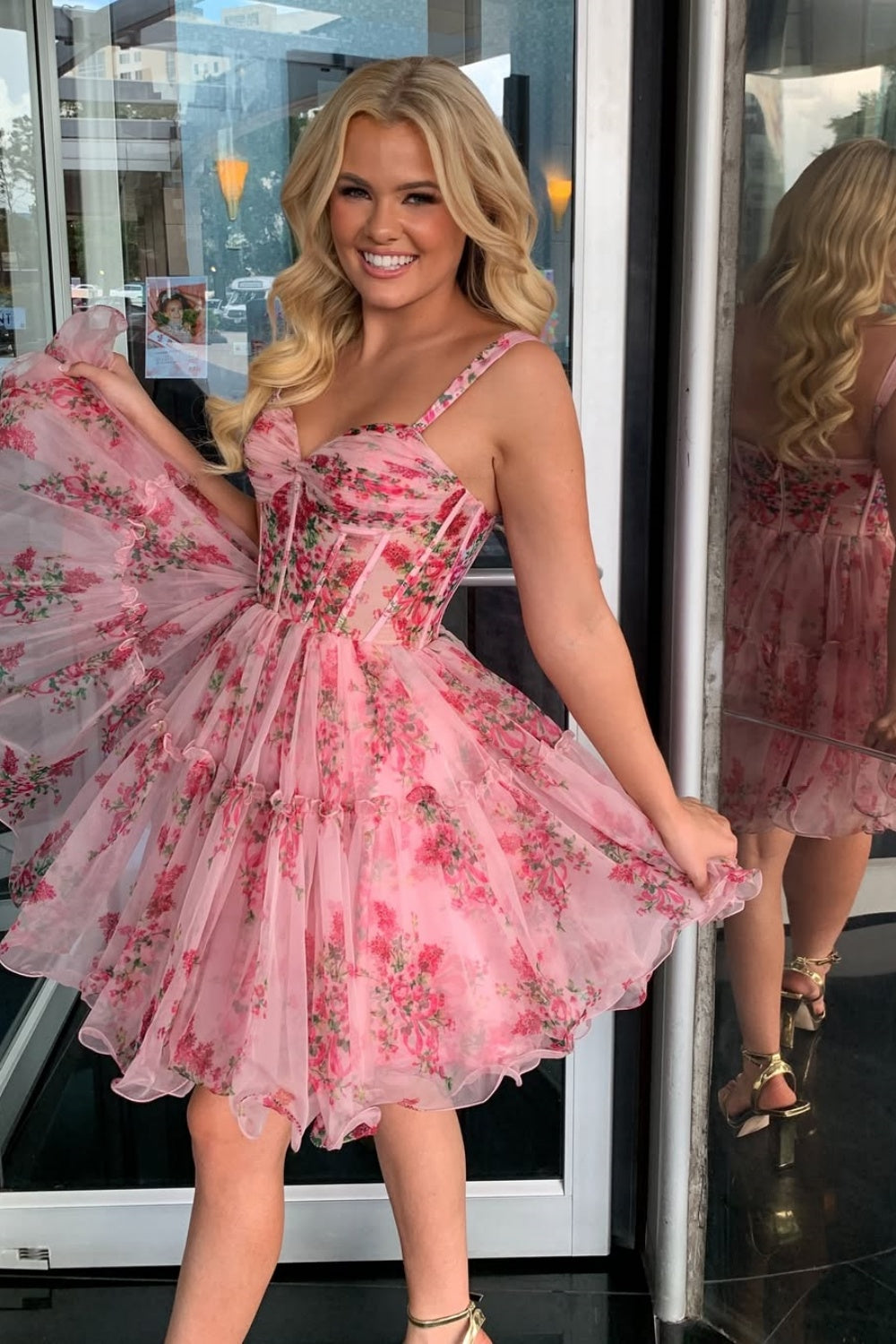 Floral Print A-line Homecoming Dress with Ruffle in Pink