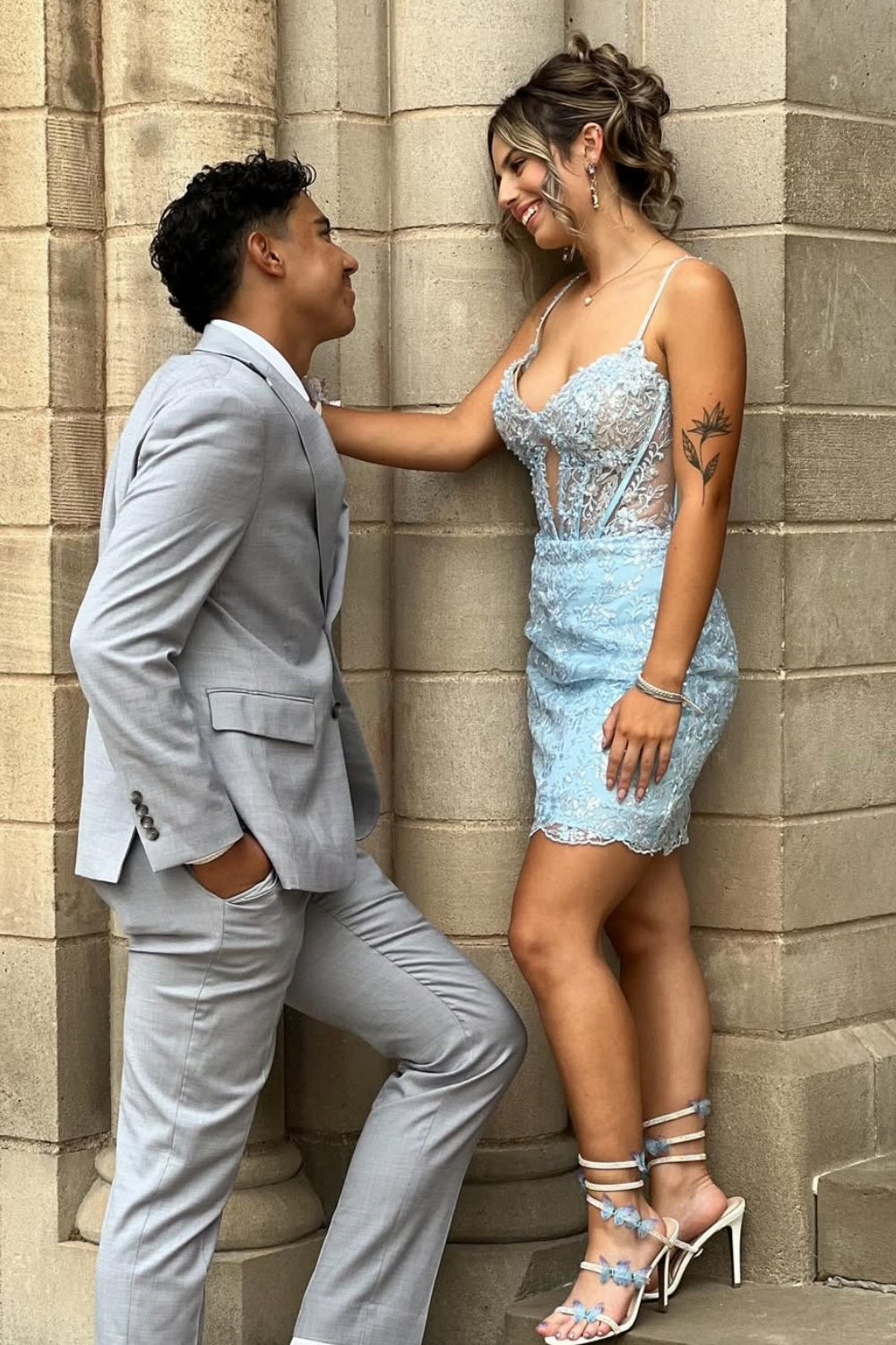 Spaghetti Straps Lace Appliques Fitted Homecoming Dress in Blue