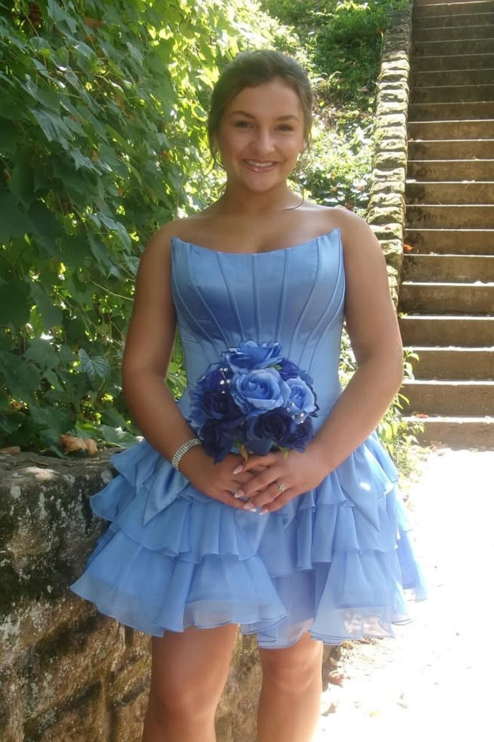 Strapless A-line Ruffle Homecoming Dress with Bow in Blue