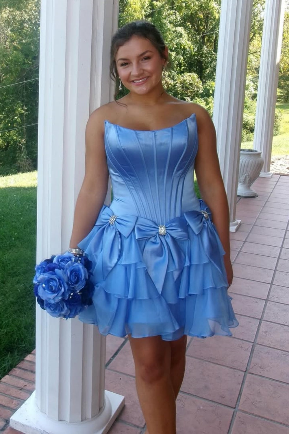 Strapless A-line Ruffle Homecoming Dress with Bow in Blue