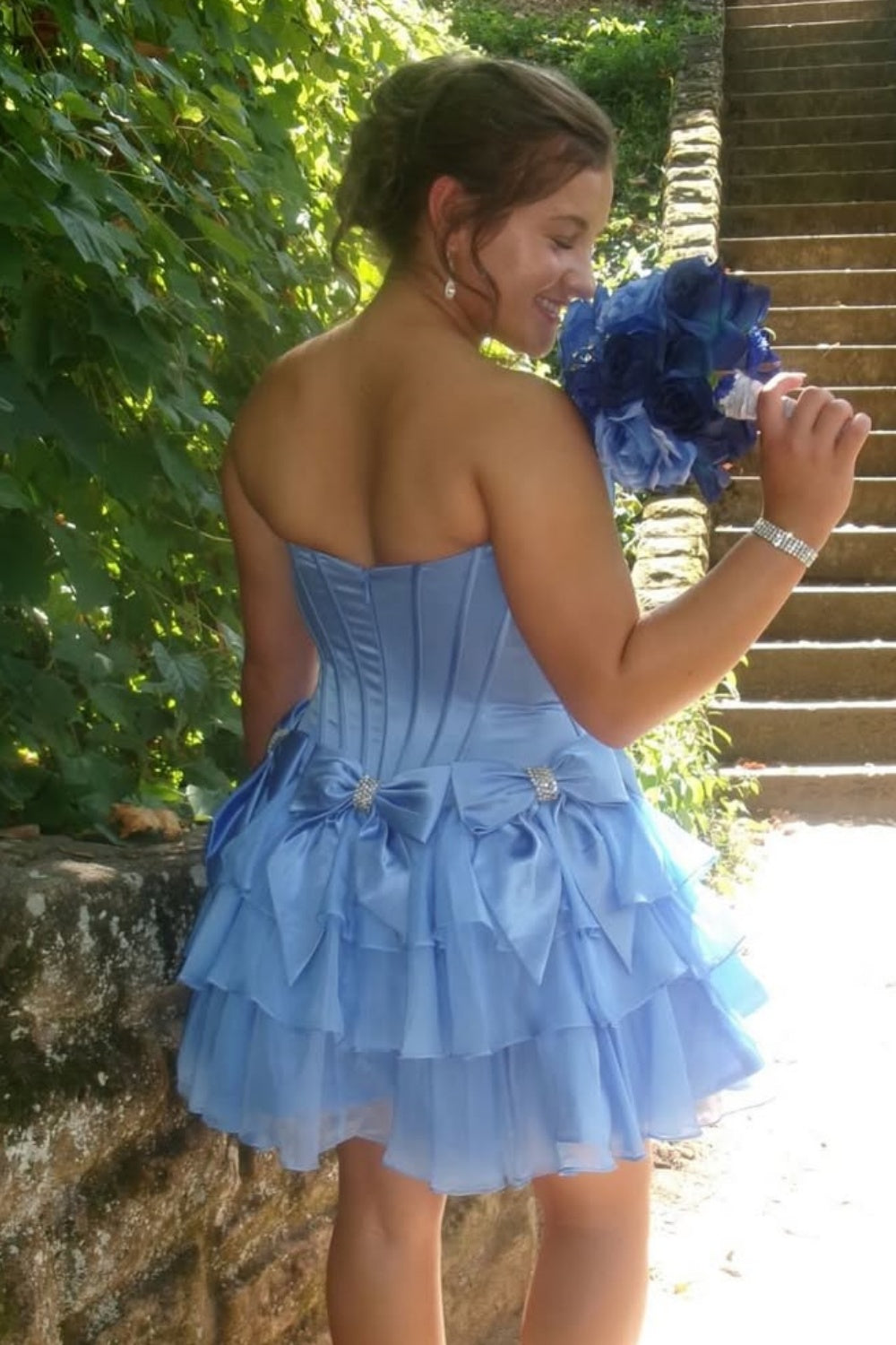Strapless A-line Ruffle Homecoming Dress with Bow in Blue
