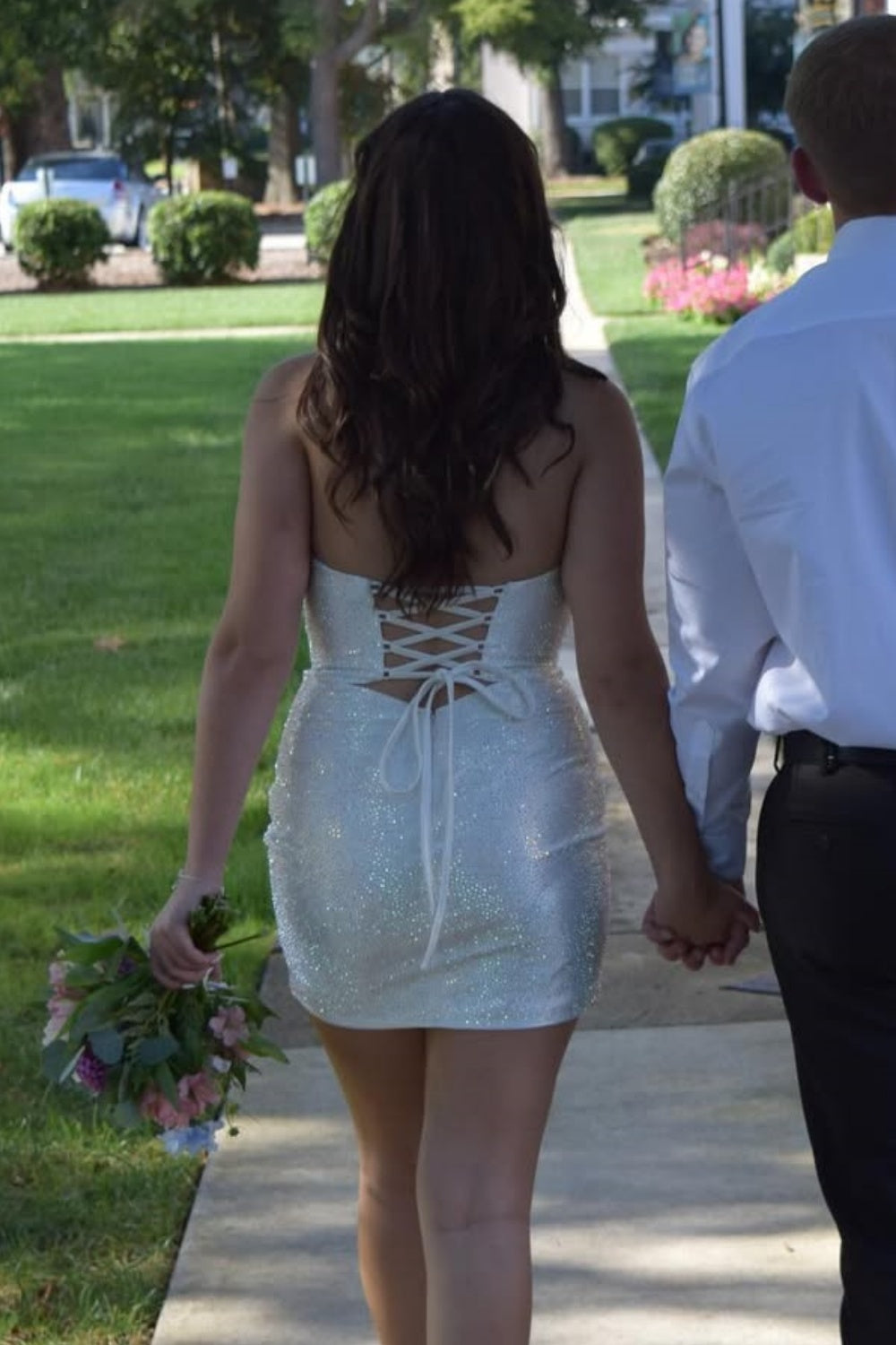 Sweetheart Beaded Fitted Lace-up Back Homecoming Dress in White