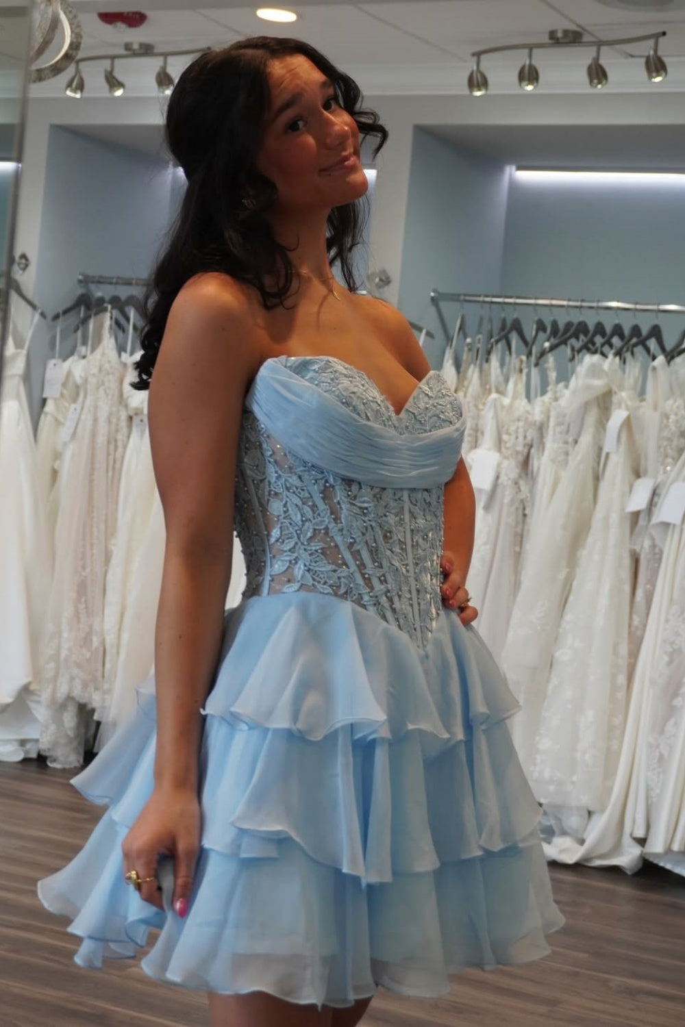 Lace Appliques Sweetheart A-line Ruffle Homecoming Dress with Beaded in Blue