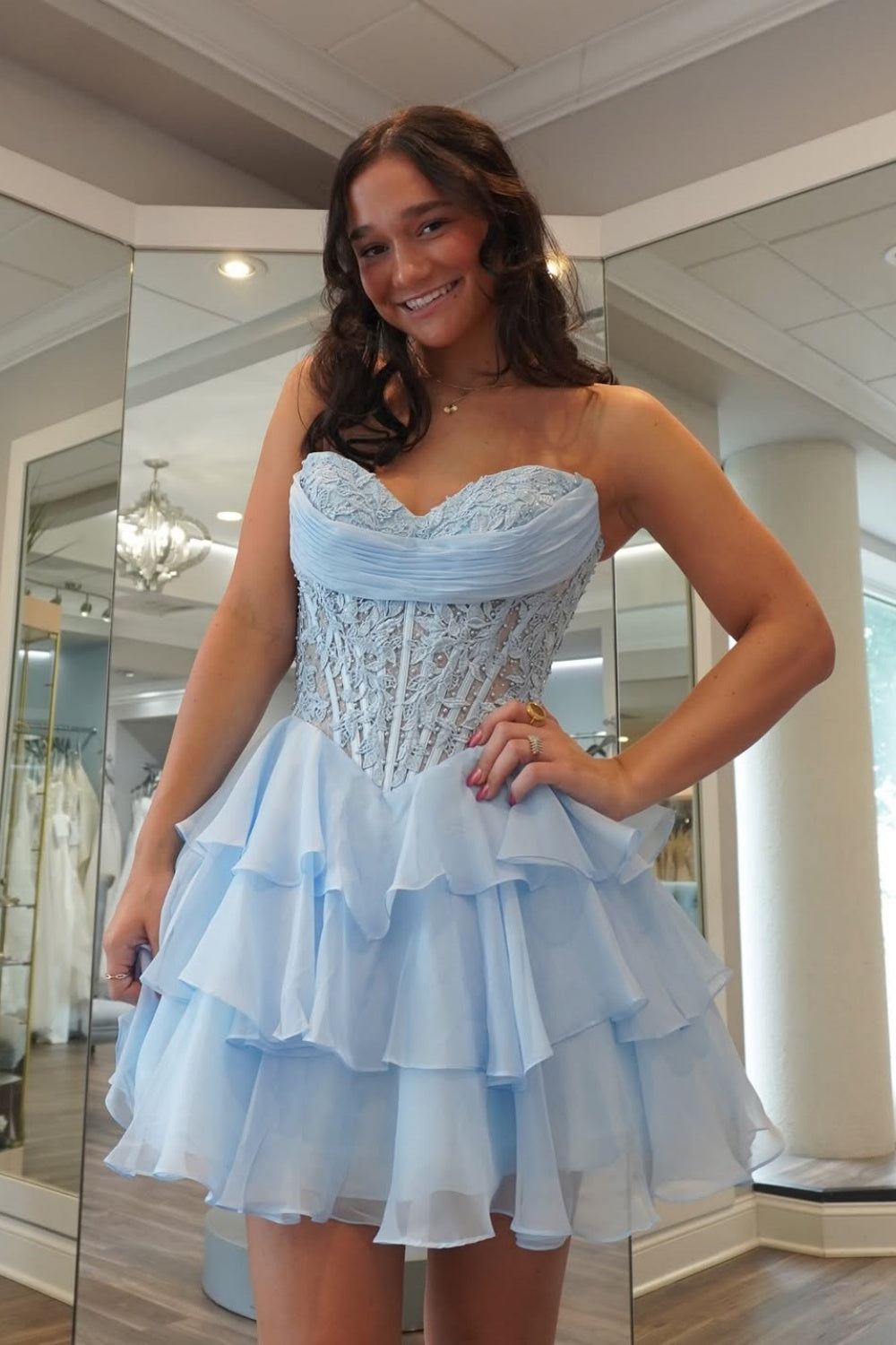 Lace Appliques Sweetheart A-line Ruffle Homecoming Dress with Beaded in Blue