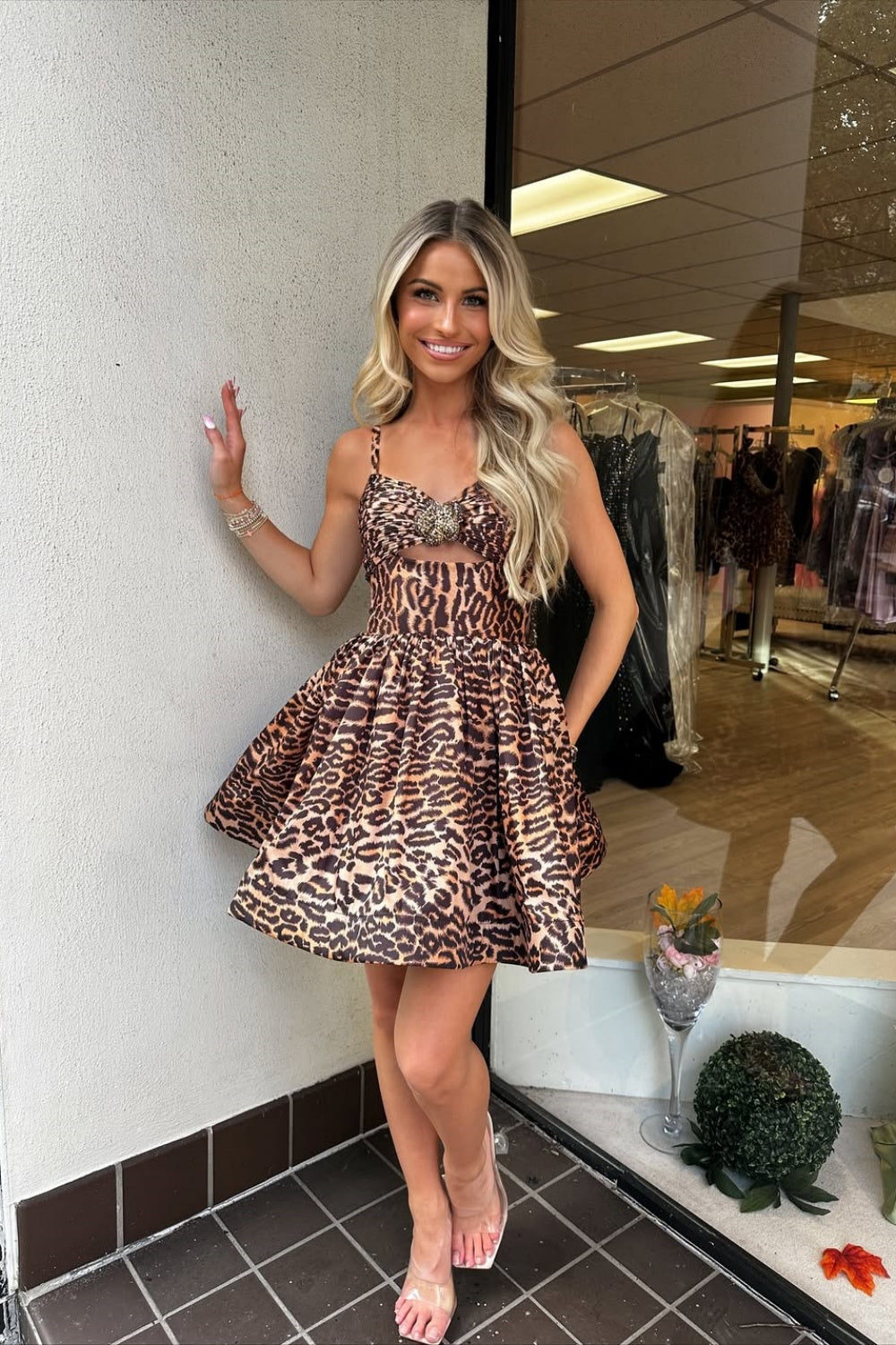Straps Bow A-line Homecoming Dress with Cut-out in Leopard Print